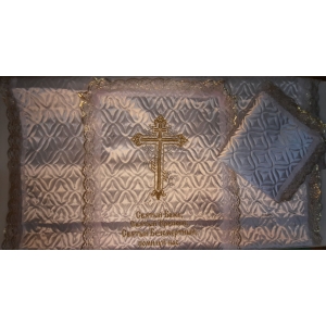 Ритуальный комплект в гроб покрывало + наволочка атлас стеганое с вышивкой Крест